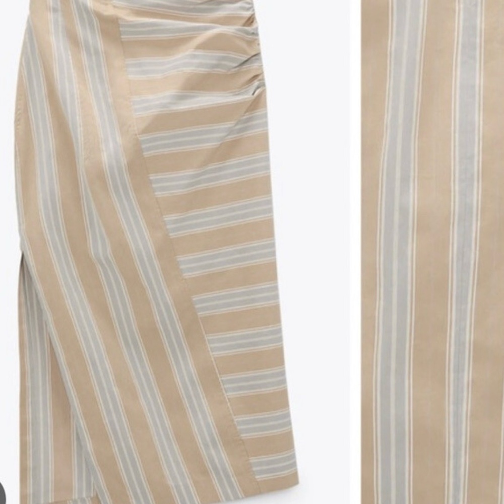 Zara Tan and White Midi Pencil Skirt with Ruched Detail